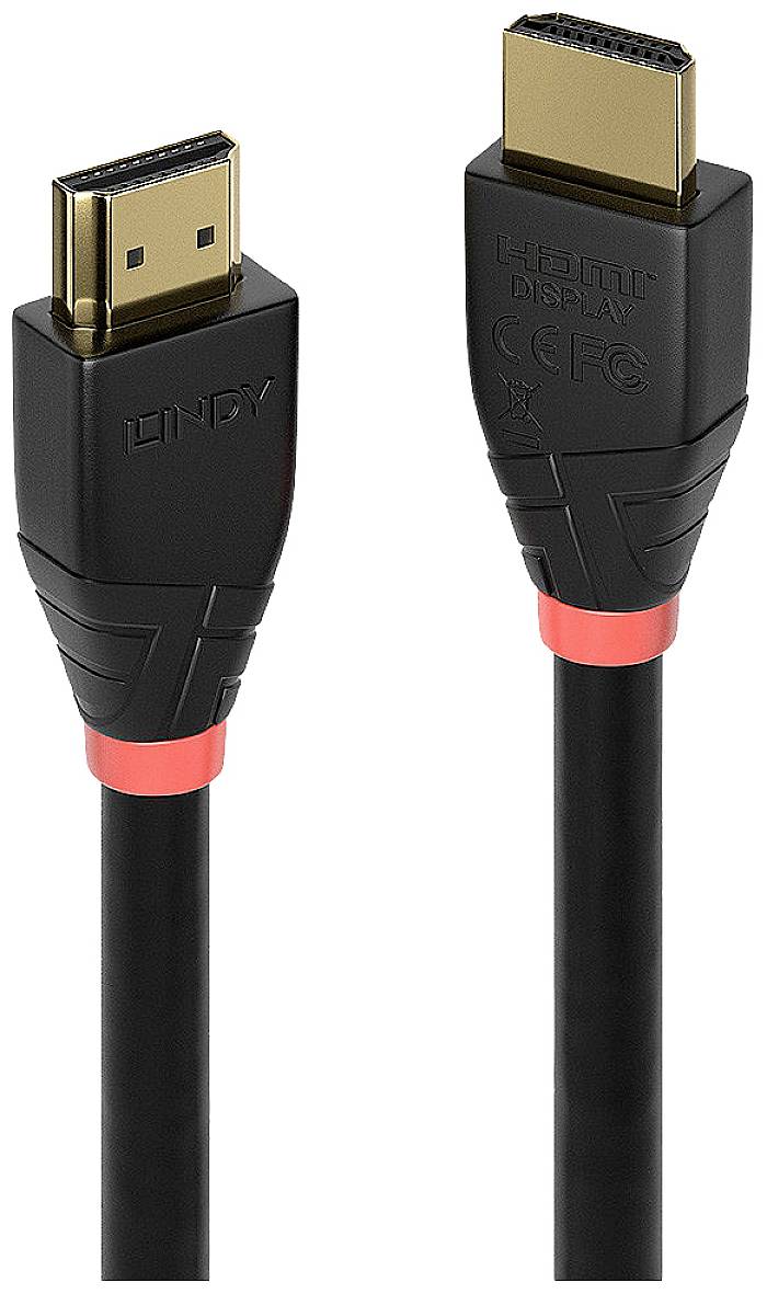 Black HDMI cable with red accents, two plug views. Used for transmitting audio and video signals.
