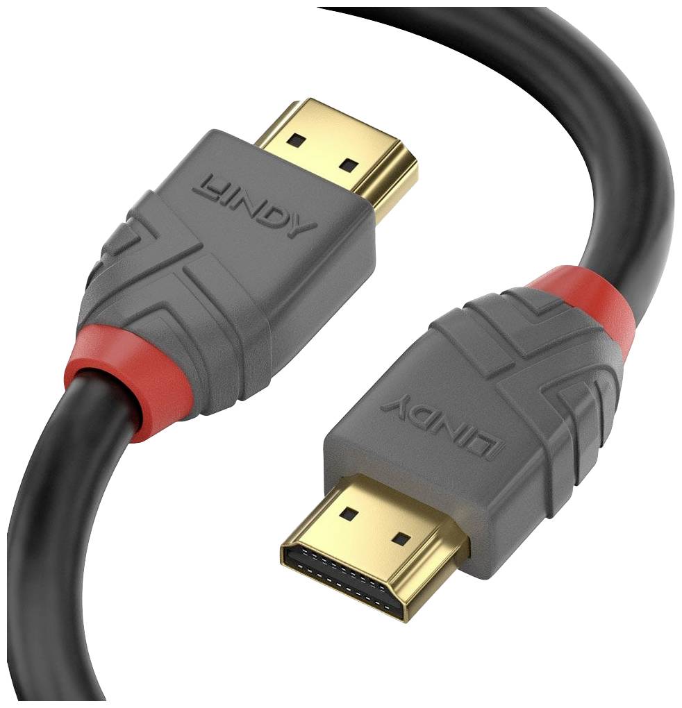 An HDMI cable with gold-plated connectors and a black cable, featuring red and grey details on the connectors.