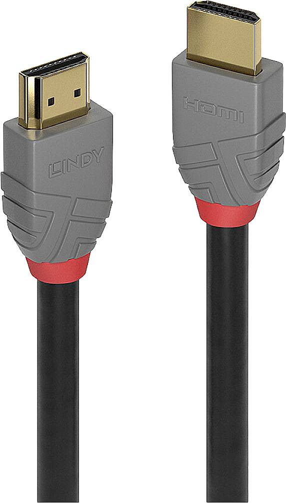 Grey HDMI cable with red details on the connectors, each marked with the inscription 'Lindy' and 'HDMI'.