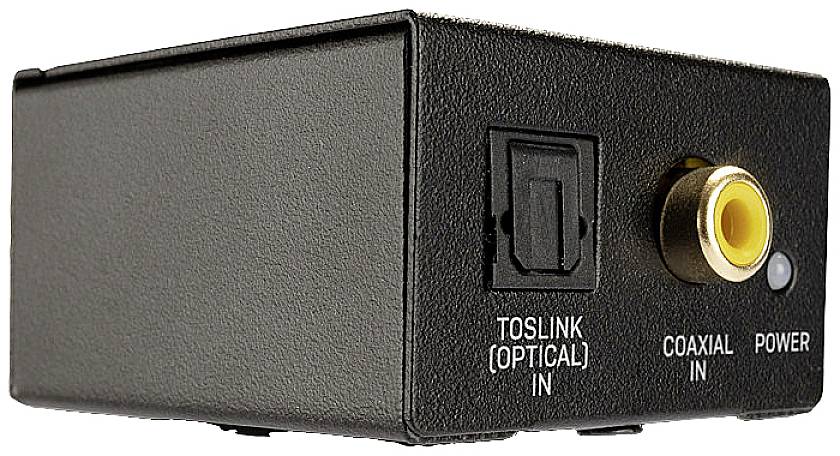 Black audio converter with 'TOSLINK (OPTICAL) IN', 'COAXIAL IN' and 'POWER' connections on the front panel.