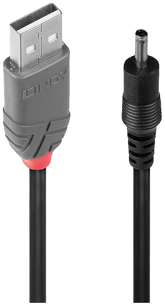A USB cable adapter, from a USB-A plug to a round DC connector, in grey and black.