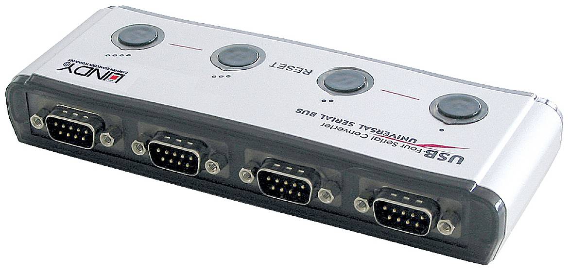 A silver USB-to-Serial converter with four ports and four round buttons for control.