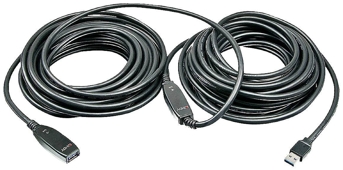 A long USB extension cable with two coils and plugs at the ends, suitable for connecting devices at a distance.
