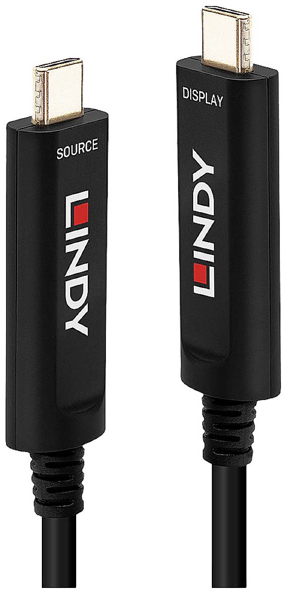 Two black cables with connectors, labelled 'SOURCE' and 'DISPLAY'. Marked with 'LINDY', likely for data transmission.