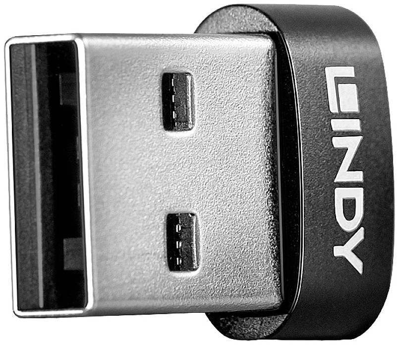 USB plug with the brand name 'Lindy' on the side in close-up. Suitable for connecting to compatible devices.