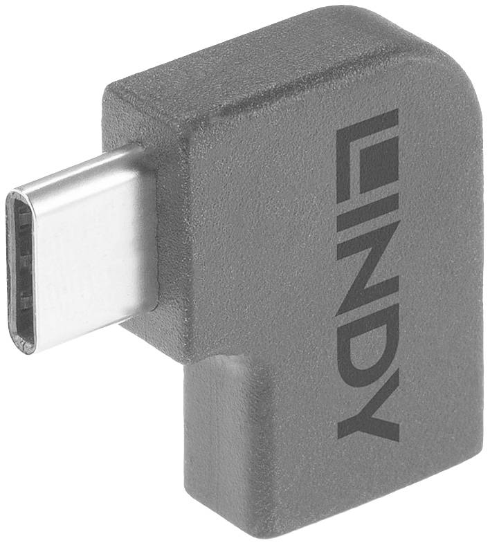 A small, grey USB-C right-angle adapter with the 'LINDY' inscription, which enables a simple connection in confined spaces.