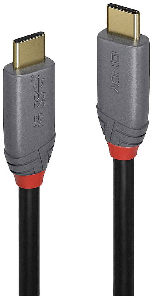 A grey USB-C cable with black wires and red-marked connectors. The brand name and specifications are embossed on the connectors.
