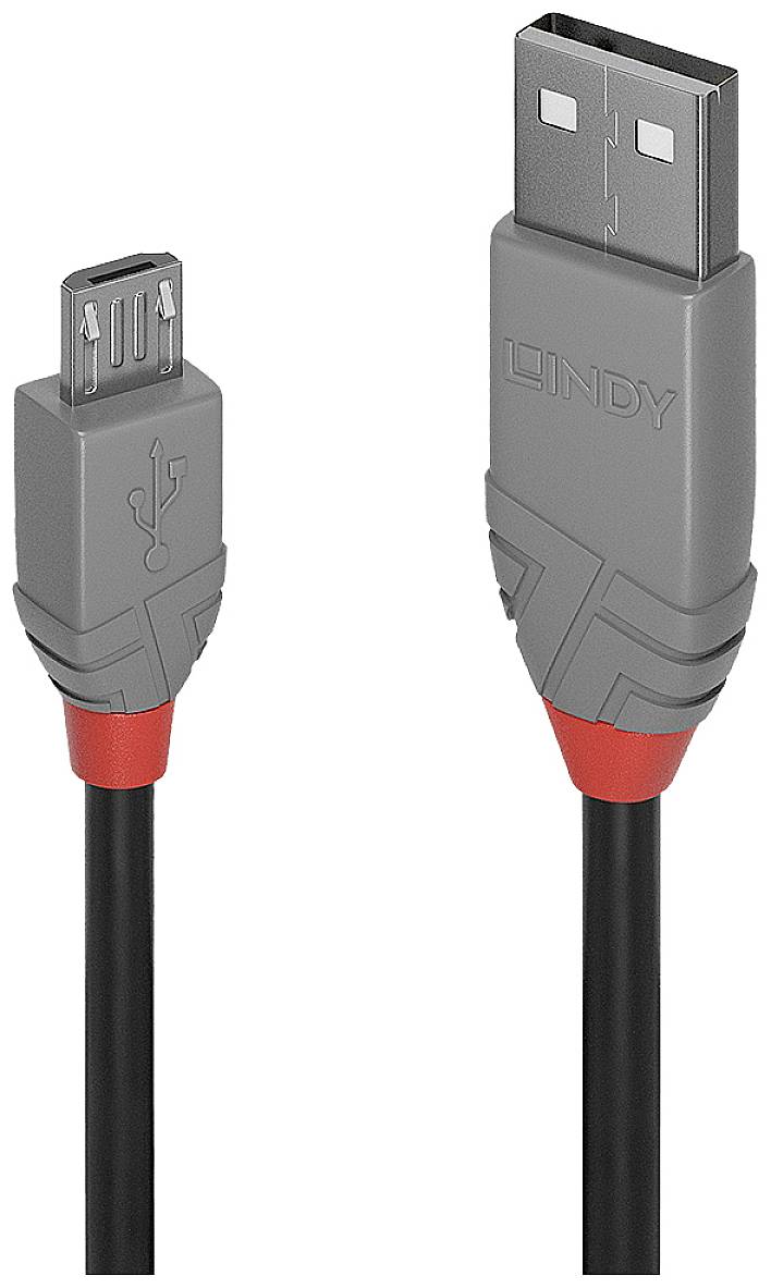 A grey USB cable with USB-A plug to Micro-USB plug. The plug has red accents.