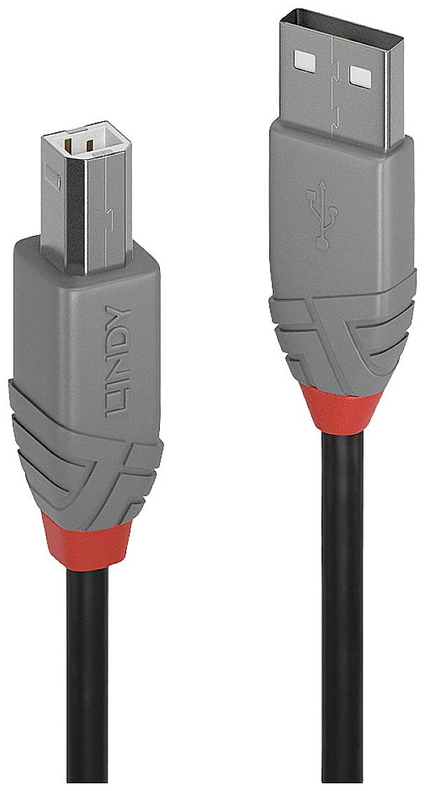 USB cable with USB-A and mini-USB plugs, grey with red accents, on black cable.