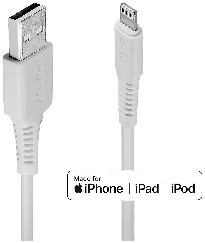 A USB to Lightning cable with 'LINDY' printed on it, certified for iPhone, iPad and iPod, in a grey design.