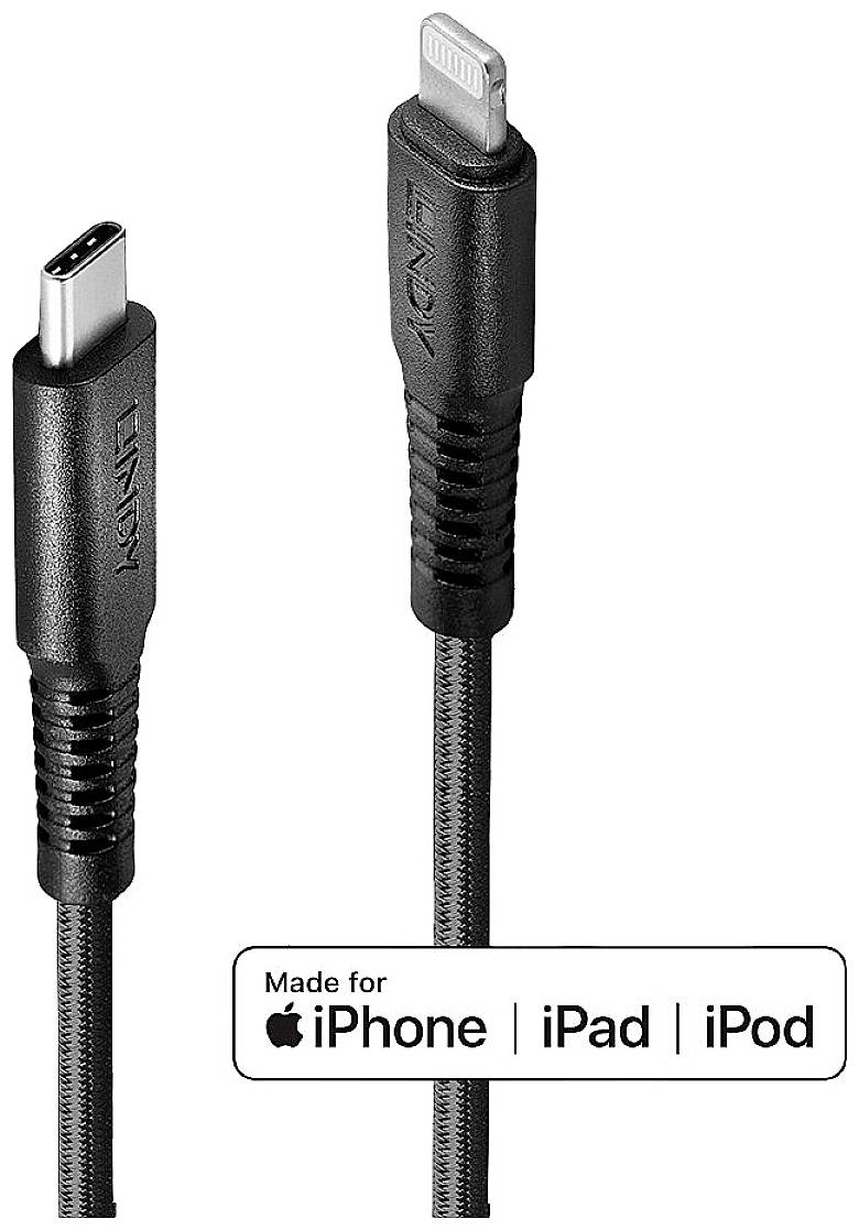 USB-C to Lightning cable, compatible with iPhone, iPad, iPod. Black cable, manufactured by Lindy.