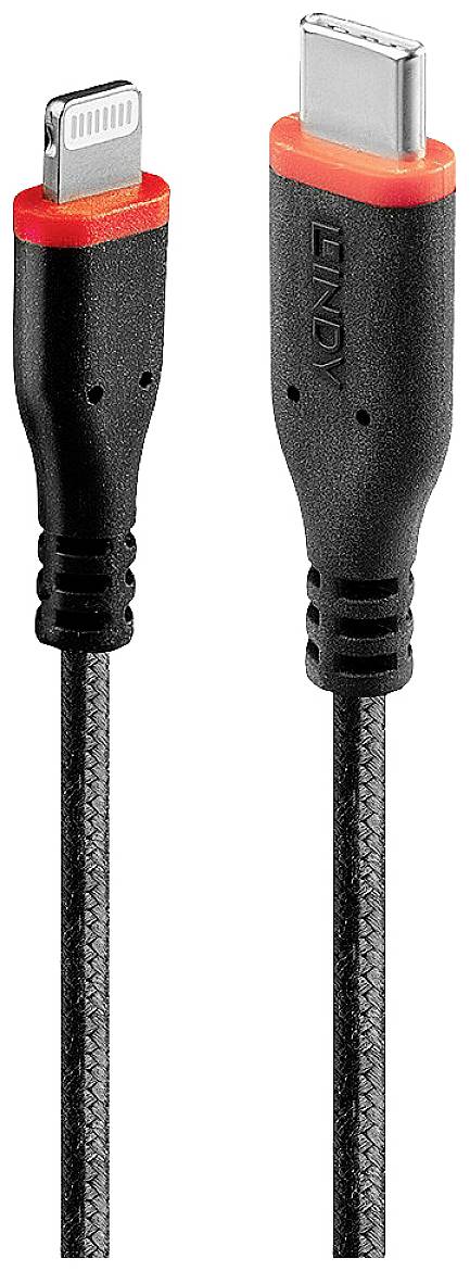 Two black cables with red ends and connectors: on the left a Lightning connector, on the right a USB-C connector.