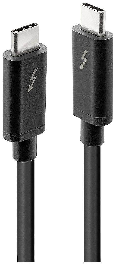 Black Thunderbolt 3 USB-C cable with connectors at both ends, suitable for fast data transfer and charging.