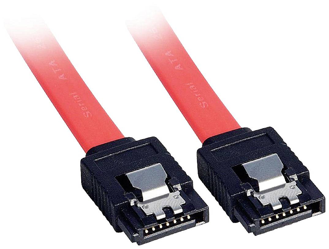 'Two red SATA data cables with black connectors, used for connecting storage devices to a computer's motherboard.'