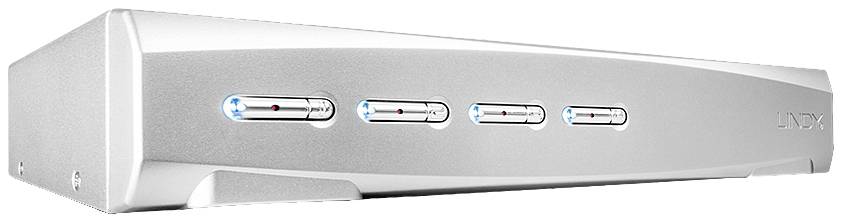 Silver network switch with five illuminated ports on the front, brand name 'LINX' visible on the right.