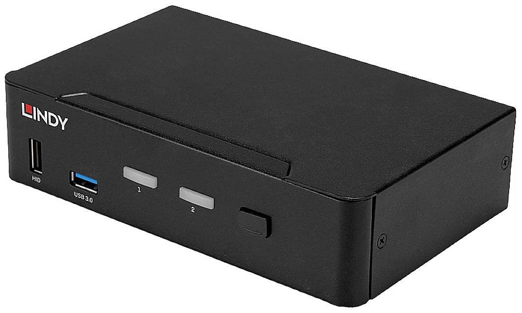 Black electronic box with two USB ports and two buttons on the front, brand 'Lindy', for connection purposes.
