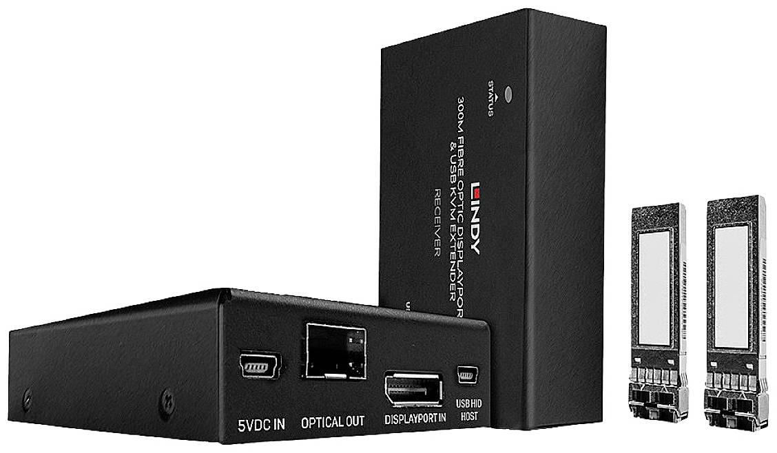 A set comprising a transmitter, receiver, and SFP modules for transmitting video signals over fibre optic cable, with a transmission range of 300m using DisplayPort 1.2 technology.