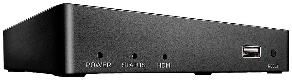 Black set-top box with connections: Power, Status, HDMI, USB, Reset.