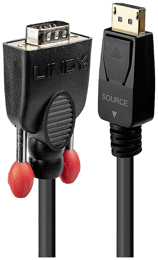 Lindy VGA to DisplayPort adapter cable, black with red screws, suitable for screens and monitors, for video transmission.