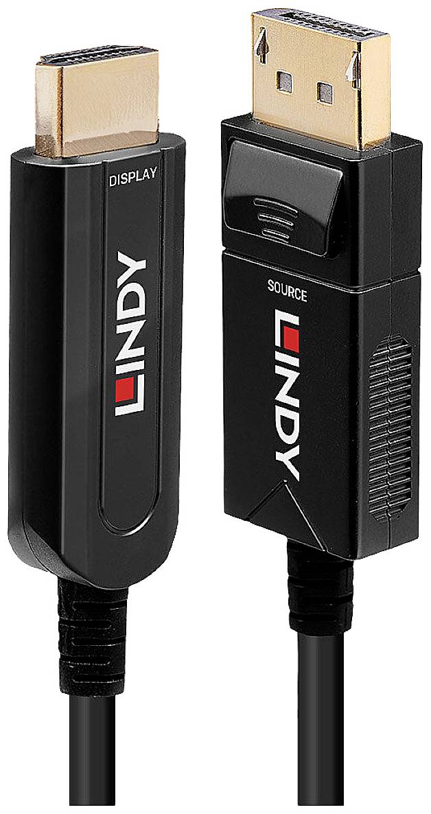 Two cables with HDMI and DisplayPort connectors, each shown in black and gold with the brand name 'LINDY'.