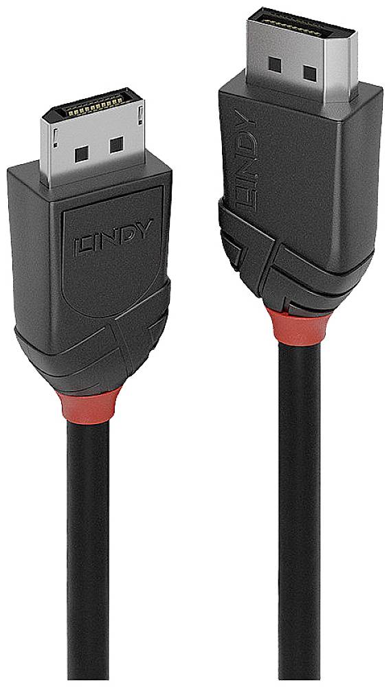 Two black DisplayPort cables with red accents, a technology for transmitting video and audio signals.
