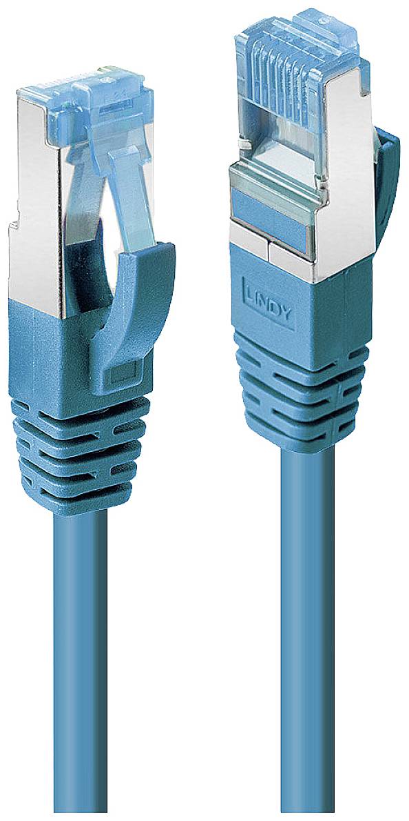 Two blue network cable plugs with transparent plastic covers and metal connections.