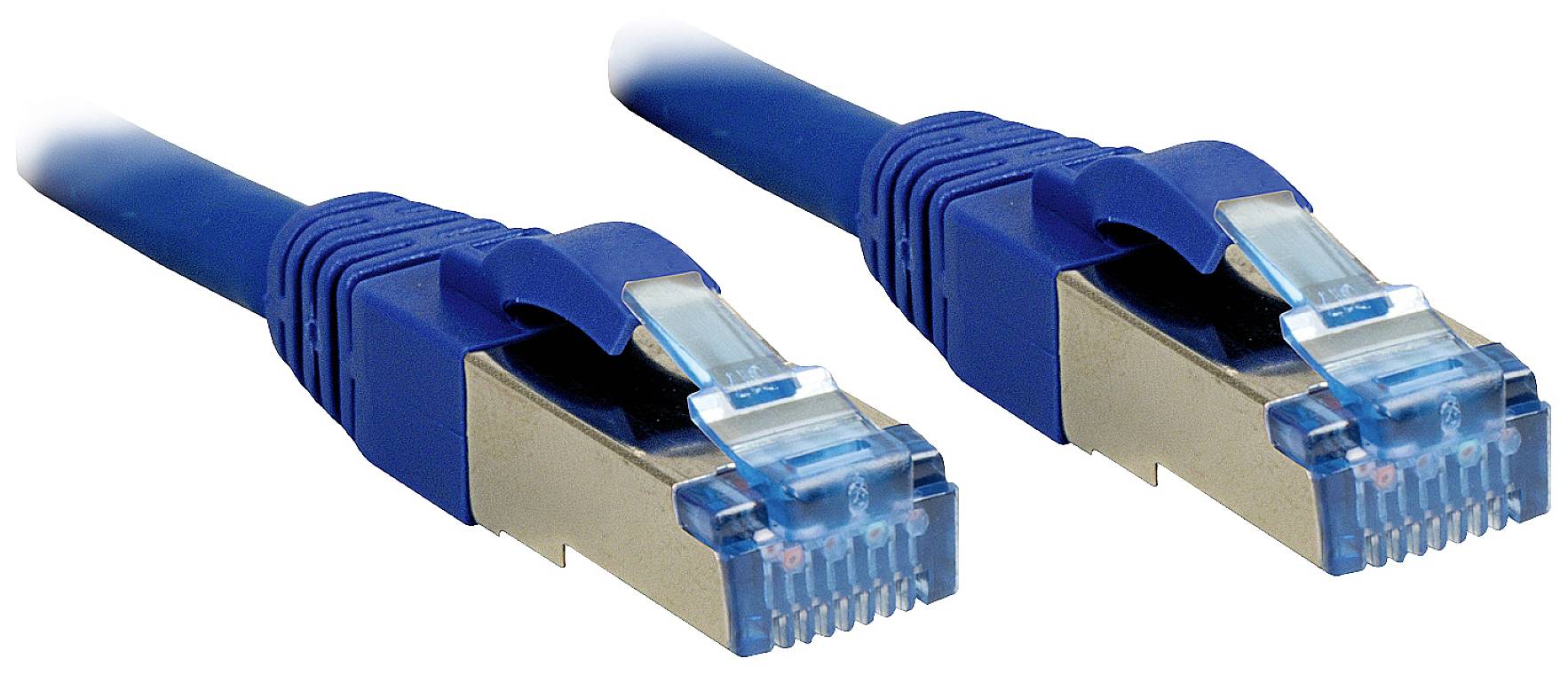 Two blue Ethernet cables with RJ45 connectors positioned side by side, used for network connections.