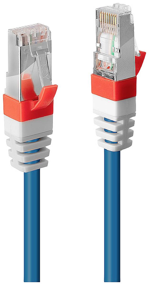 Two network cables with blue cables and transparent plugs, standing upright, surrounded by red and white cable sleeves.