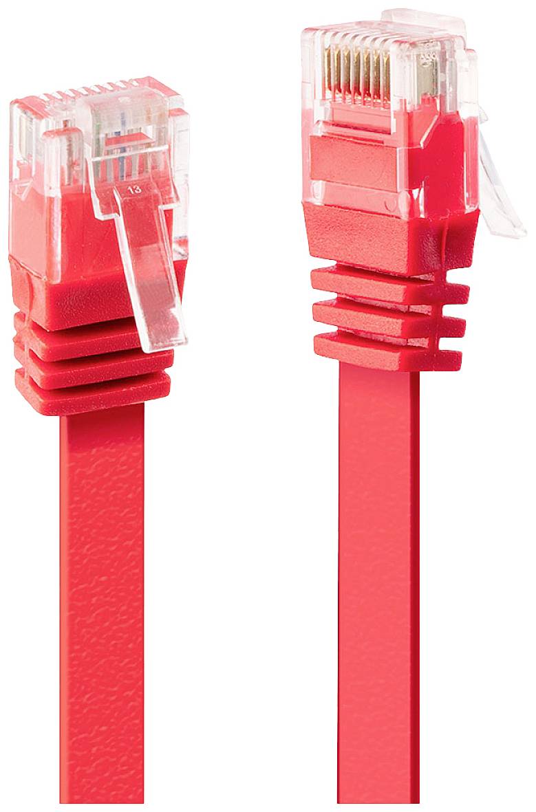 Two red network cables with RJ45 connectors, positioned side by side. One is flat, the other conventionally shaped.