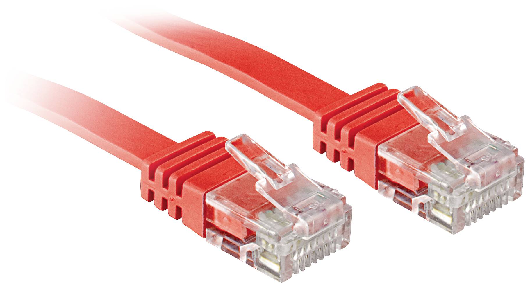 Two red network cables with transparent connectors, lying side by side. They are used for connecting devices in a network.