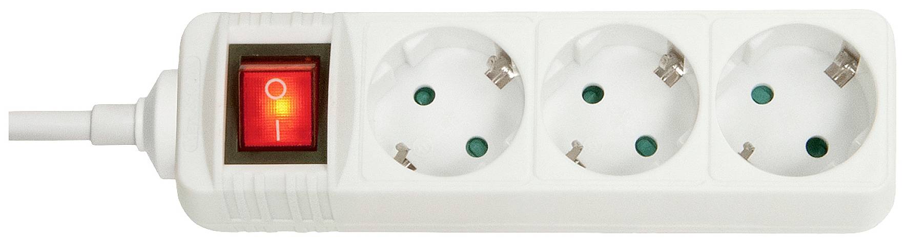 Triple socket with red switch. The switch is turned on. Suitable for connecting multiple electrical devices.