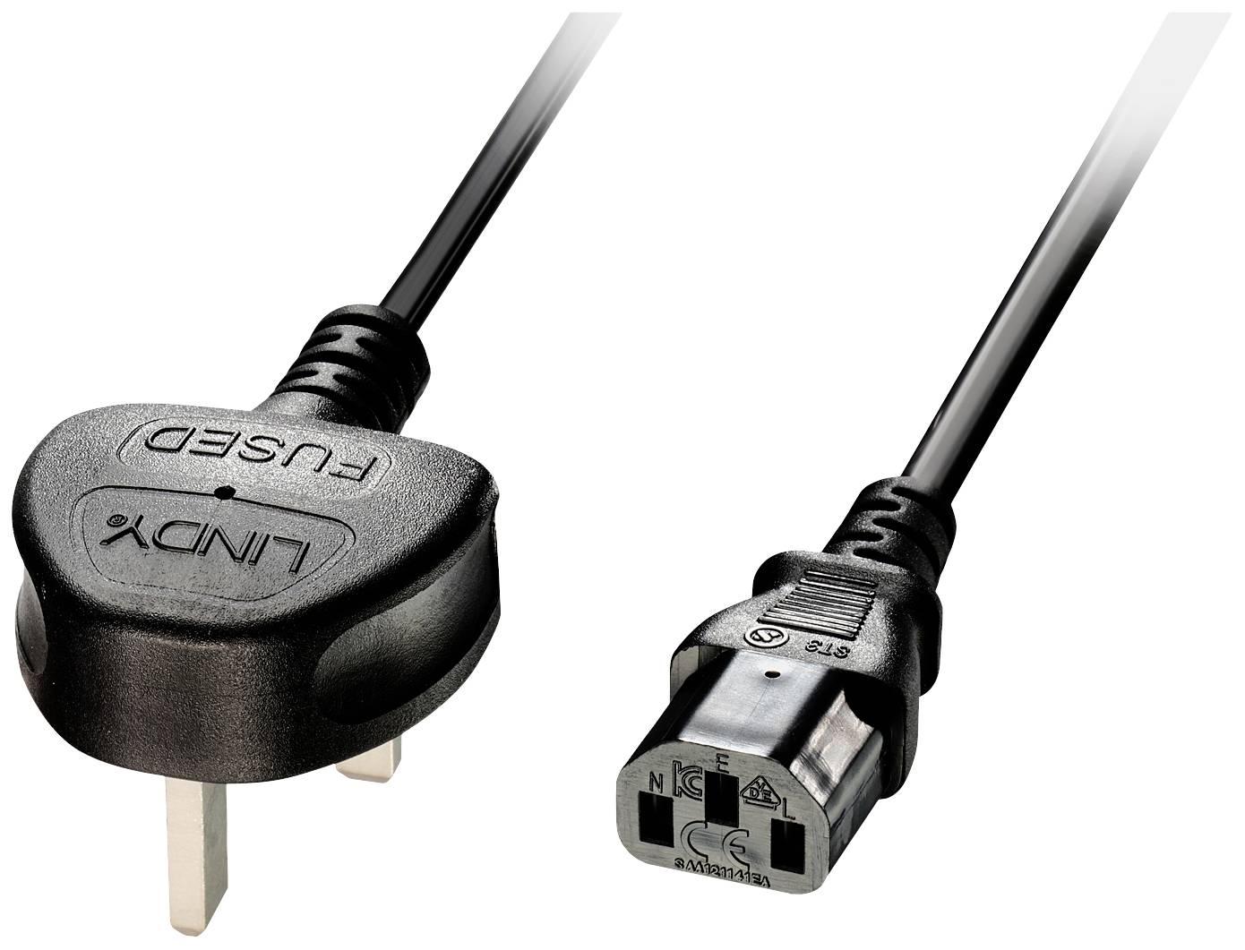 Image of a network cable with UK plug on the left and IEC plug on the right, used for connecting devices to power sources.
