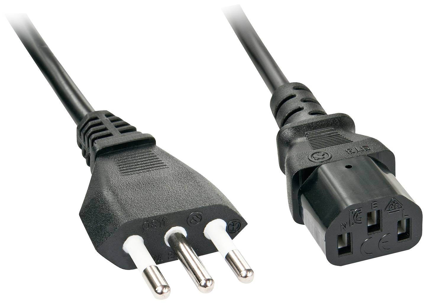 Black network cable with two-pin plug on the left and three-pin IEC plug on the right, for connecting electronic devices to a power source.