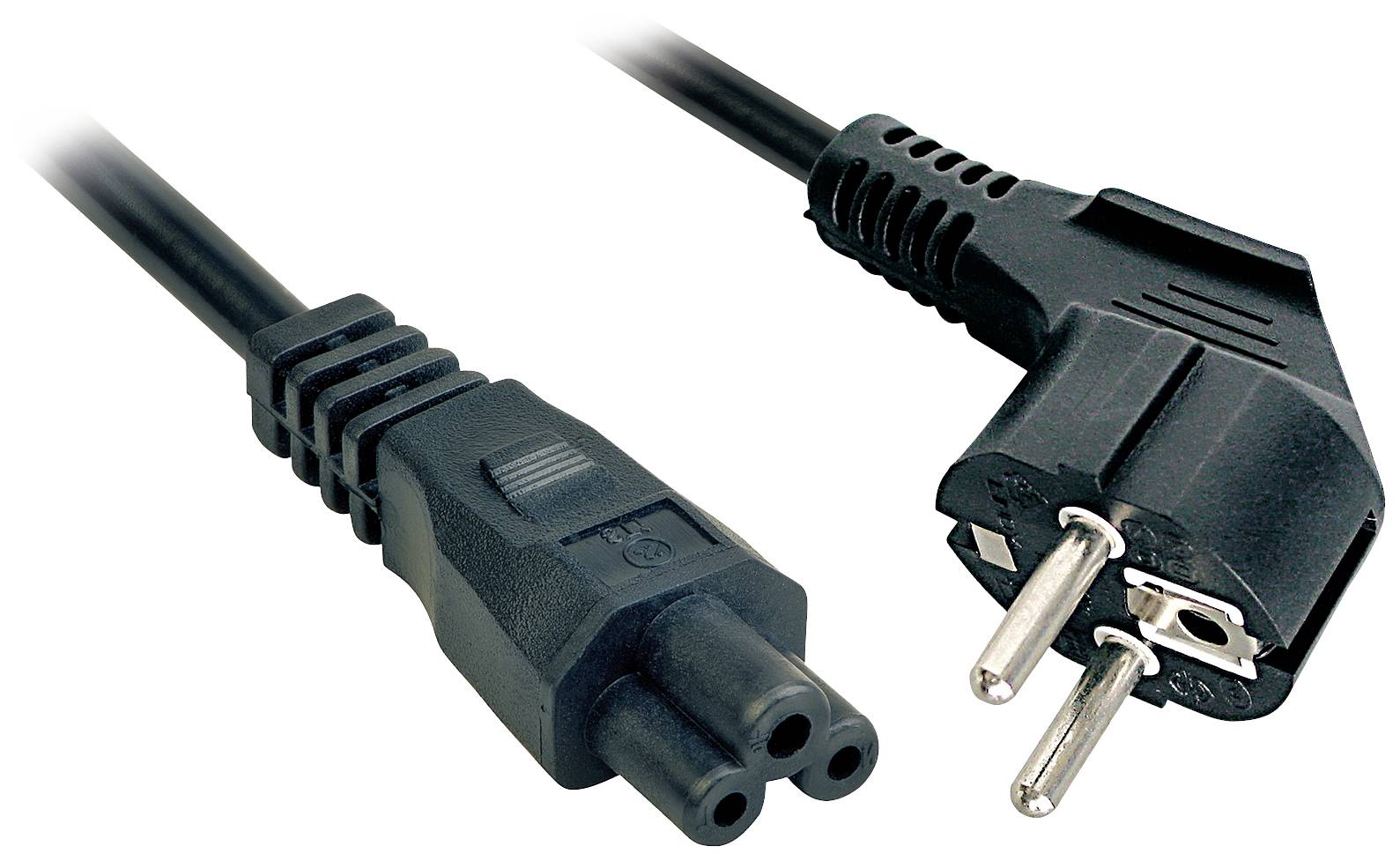 Image of a black power cable with a Europlug and IEC connector, typical for powering electrical devices in Europe.