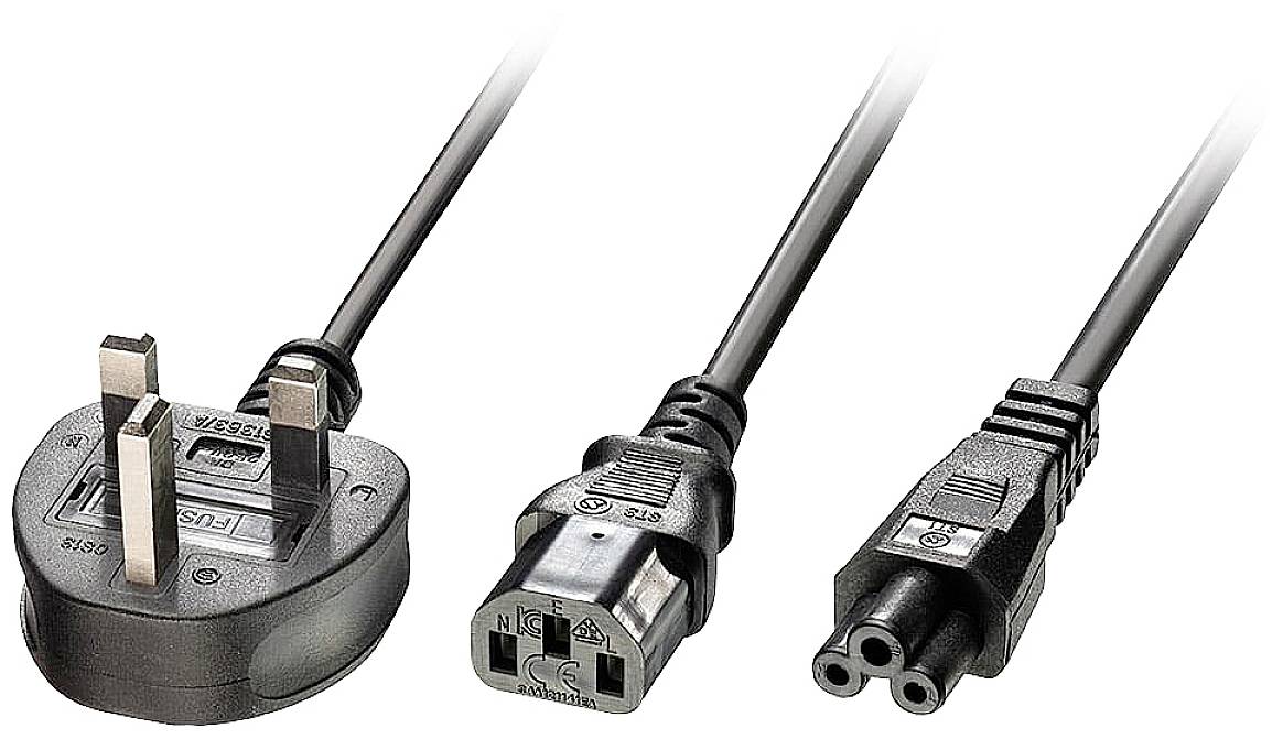 Three different power cable plugs: British, two-pin and three-pin connection.