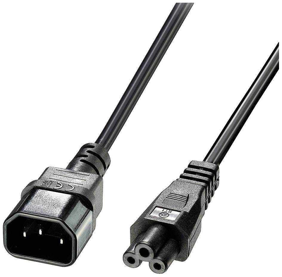 A black power cable with an IEC-320-C13 plug on the left and a three-pin Euro plug on the right, suitable for computers and electronic devices.