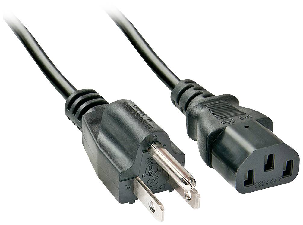 Two black electrical power cable plugs: on the left, a two-pin socket plug, on the right, a three-pin cold appliance plug.