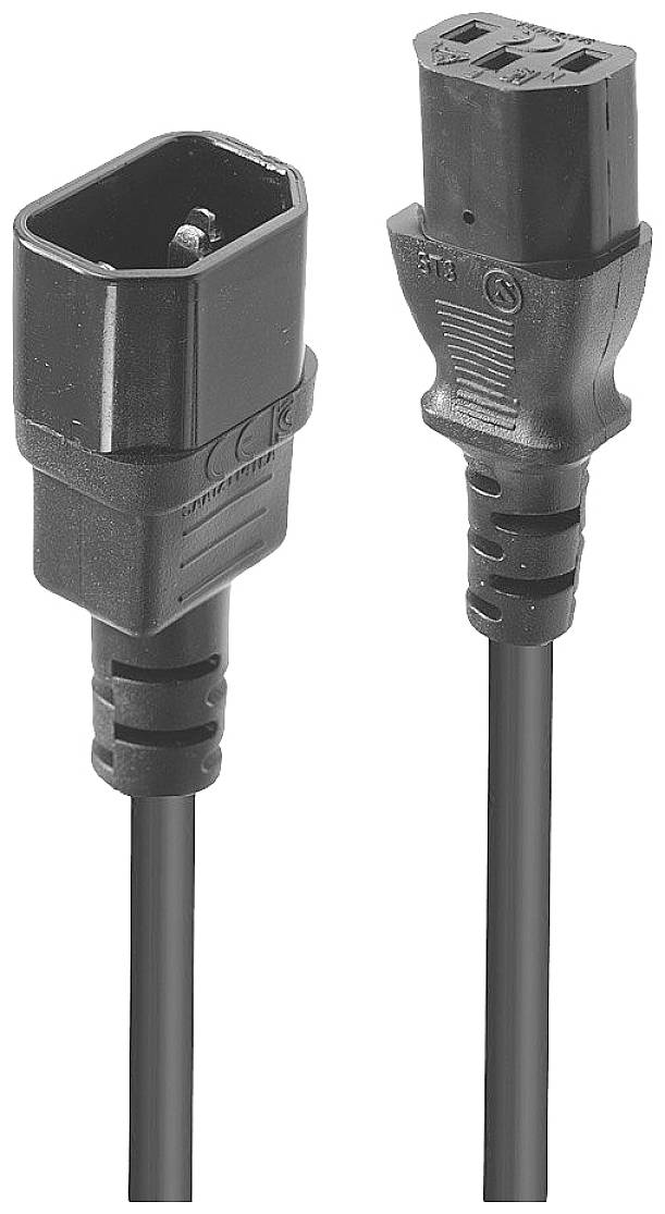 Two black electrical power plug connectors: on the left a female connector, on the right a male connector, both made of plastic and standardised.