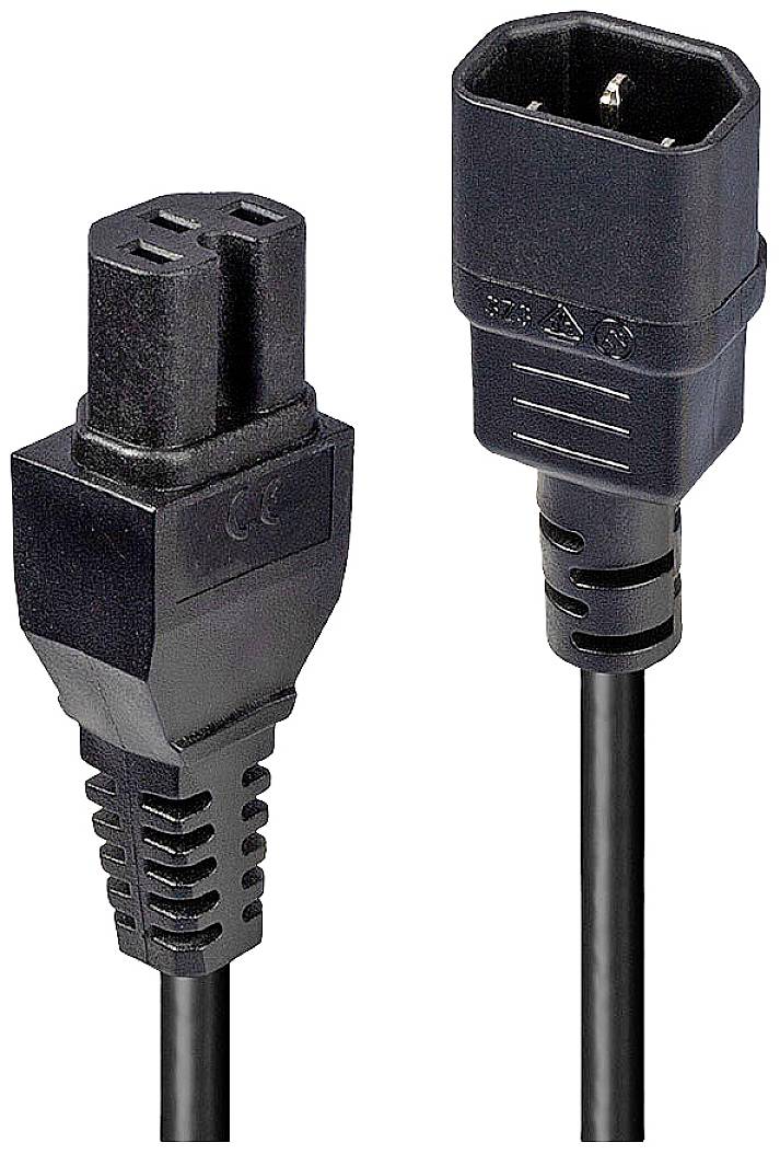Two black electrical plugs, with a socket on the left and a plug on the right. They are connected by a cable running vertically.