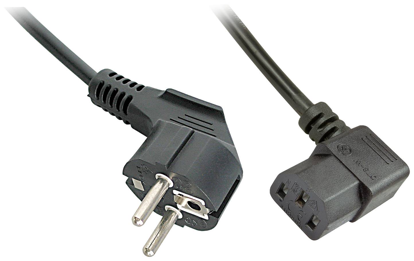 A black mains cable with a Schuko plug on the left and an IEC C13 plug on the right; suitable for electronic devices.
