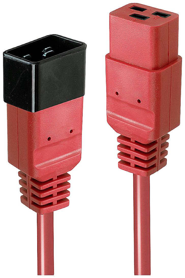 Two red IEC power cables: on the left a socket, on the right a plug. Both have black protective caps on their ends.