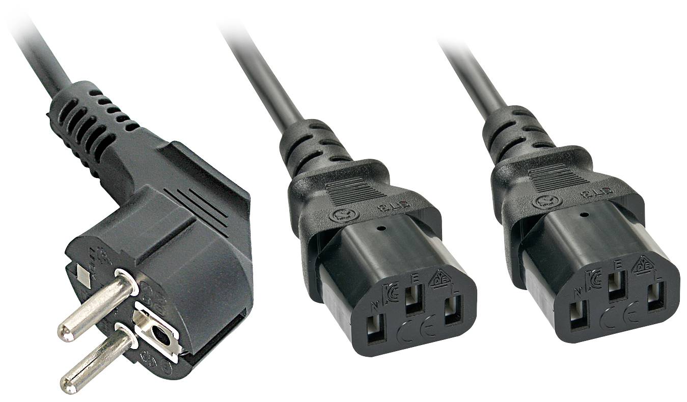 Three black power cables: on the left a Schuko plug and on the right two IEC C13 plugs. Used for connecting electrical devices.