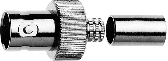 Metal plug with a ribbed ring and removable protective cap, side view, showing the individual components of a coaxial connector.