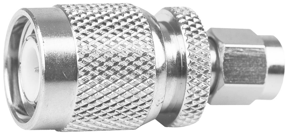 A silver RF plug with a knurled grip and hexagonal nut. Suitable for cable connections in electronics.