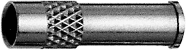 Metallischer Adapter mit geriffeltem Griff. Verbindet zwei koaxiale Kabel. Essenziell für Fernseher- oder Satellitenanschlüsse.