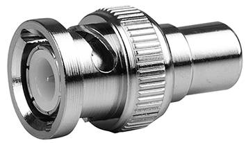 Silver BNC connector, used for connecting coaxial cables in video and audio systems, insulated structure.