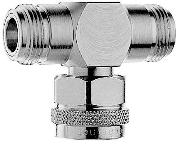 A T-shaped metal connector, typically used for pipe or hose connections, shiny and manufactured from stainless steel.