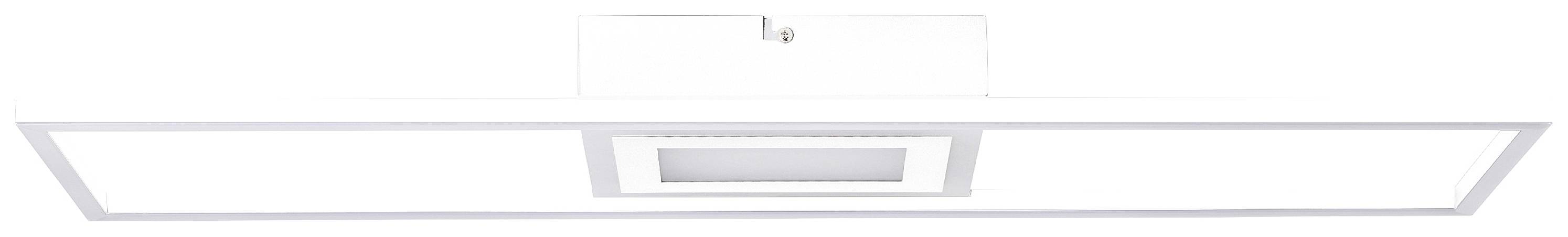 White, rectangular ceiling light with an integrated square element in the centre, mounted on a white base.