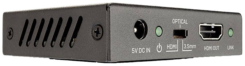 Back of an electronic device with connections: Power socket '5V DC IN', green dot, optical input, 'HDMI', 'HDMI OUT', 'LINK'.