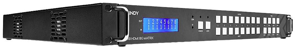 Black 19-inch rackmount AV switch with digital display and multiple buttons on the front panel. Ventilation slots are visible on the left side.